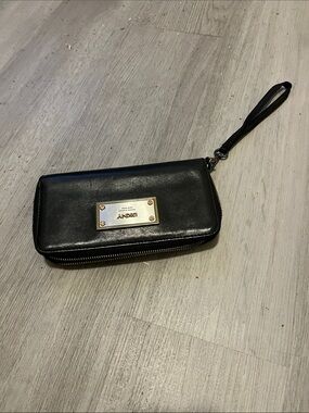 DKNY Black Leather Zip Wallet with Gold-Tone Logo Charms